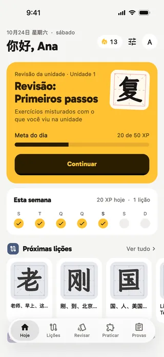 Tela Hoje do app: revisão de 13 itens, meta do dia e próximas lições